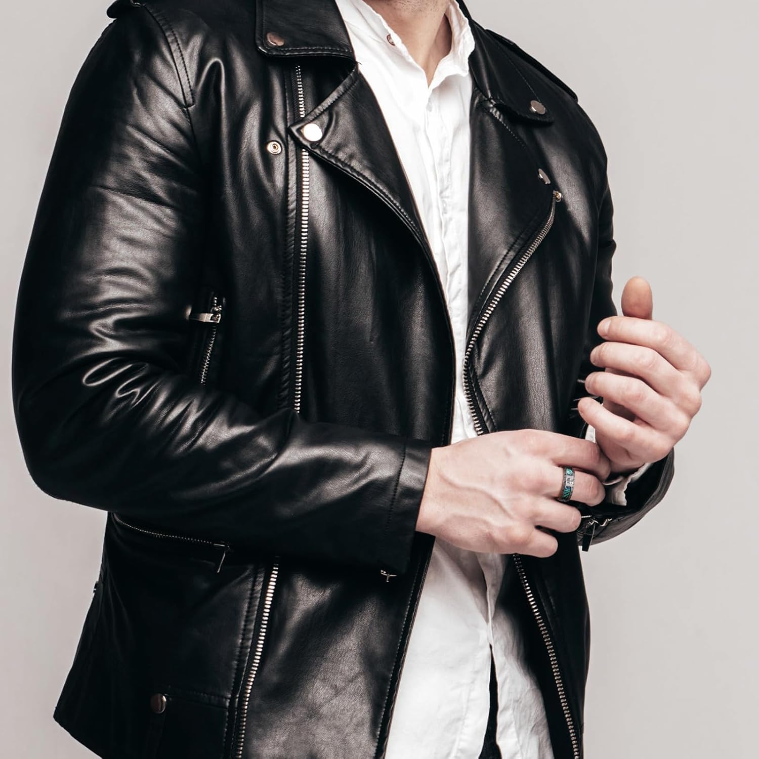 King Will Viking Stainless Steel Wedding Band - 8mm Men Ring with Tree of Life Rune Design and Abalone Shell Inlay in Grey/Gold/Black Vintage Finish Hypoallergenic and Comfort Fit Size 7-14