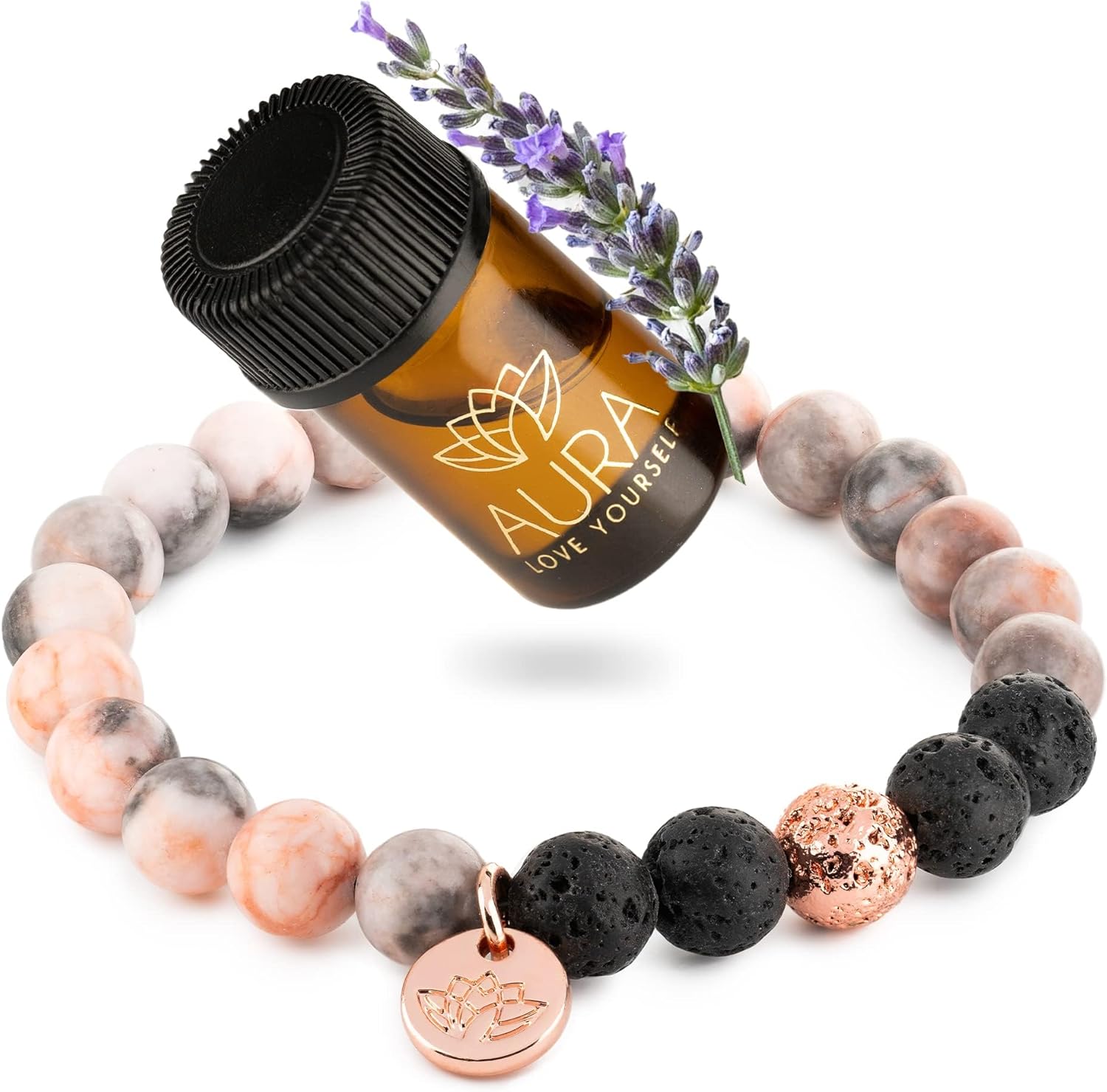 Lava Rock Beaded Diffuser Bracelet for Women with Lavender Essential Oil, 18K Gold-Plated Charm Soothing Crystal Beads Boho Stretch Bracelet for Aromatherapy, Birthday and Valentine’s Day Gift for Her