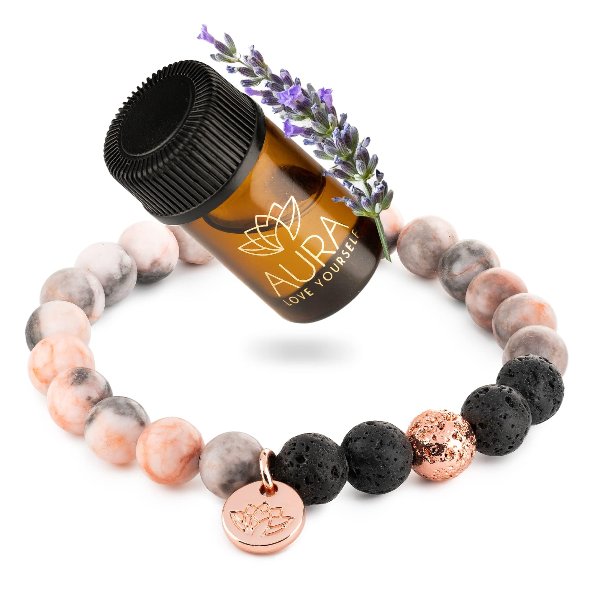Lava Rock Beaded Diffuser Bracelet for Women with Lavender Essential Oil, 18K Gold-Plated Charm Soothing Crystal Beads Boho Stretch Bracelet for Aromatherapy, Birthday and Valentine’s Day Gift for Her