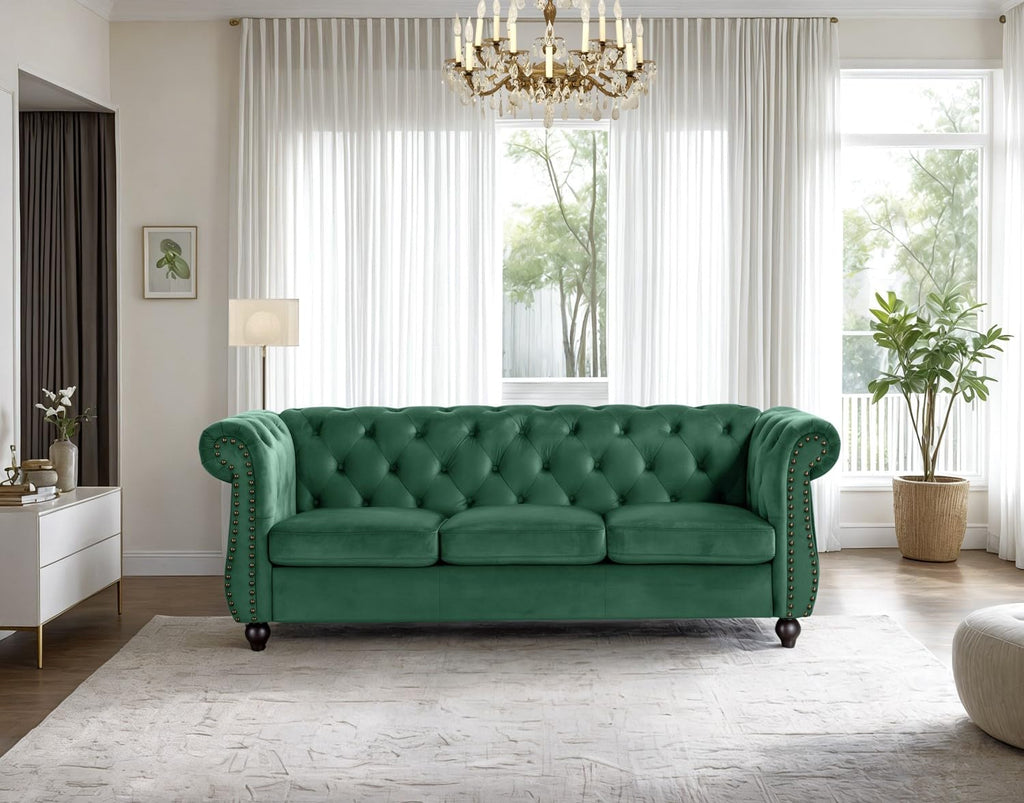 Container Furniture Velvet Chesterfield Couch, Button-Tufted Backrest, Rolled Arms, High-Density Foam with Spring Support, Elegant Accent Piece, Sofa, Dark Blue