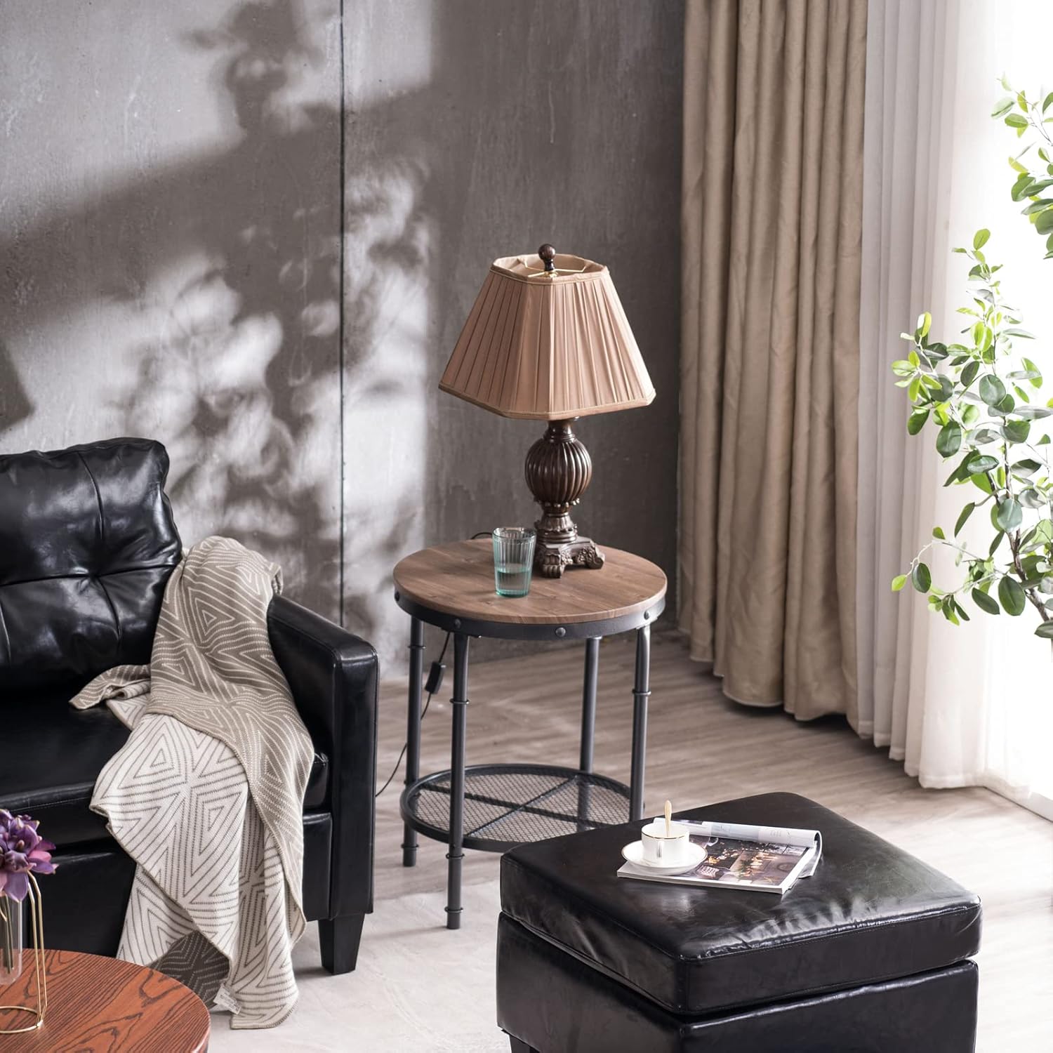 Bonnlo Industrial Round End Table - 20" Metal & Wooden Side Table for Couch & Living Room