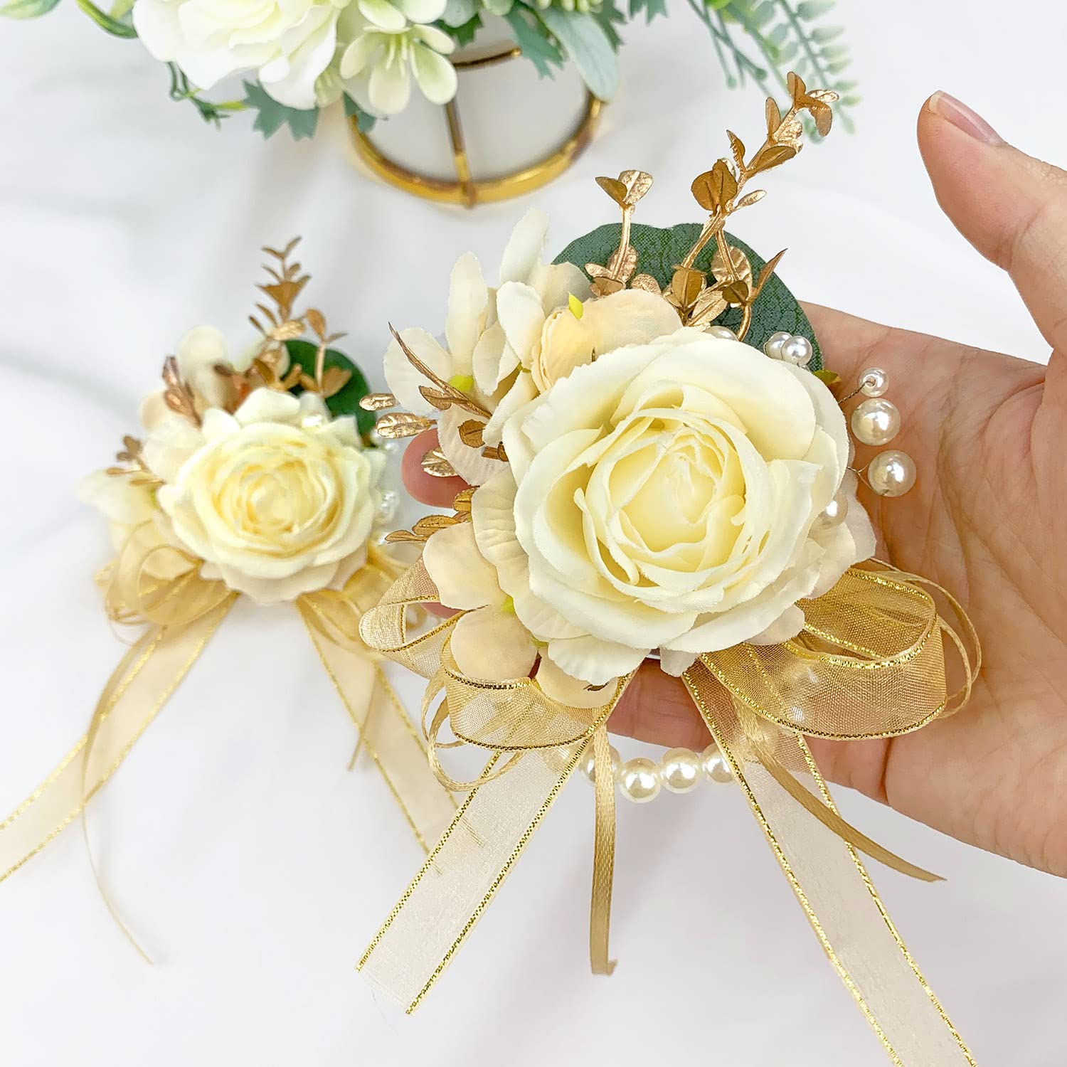 Elfenbensrose håndledskorsage håndledsarmbånd og boutonnieresæt til mænd kvinder brud brudepige bryllup gallablomster tilbehør (A-Boutonniere & håndledskorsage)