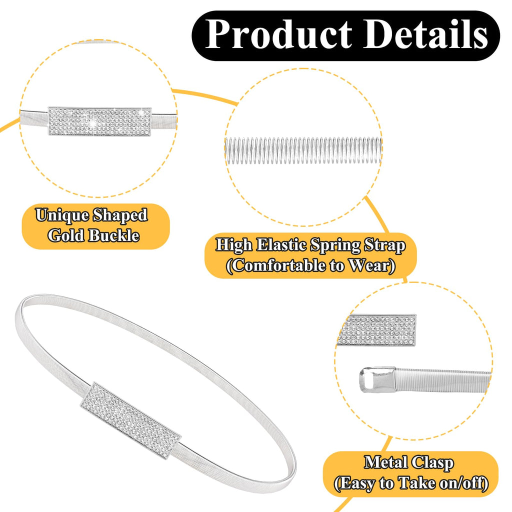 Women Skinny Metal Waist Belt Elastic Metal Chain Waist Belt Fashion Rhinestone Dress Belts for Dress, Sliver