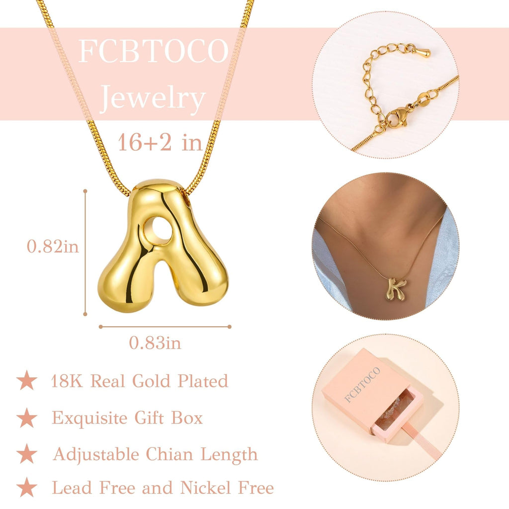 FCBTOCO Initial Halskette für Frauen, Gold Silber Blasenballon Buchstaben Halskette, Zarte Personalisierte Gepolsterte Klobige Namensketten, Trendiger Schmuck Geschenk