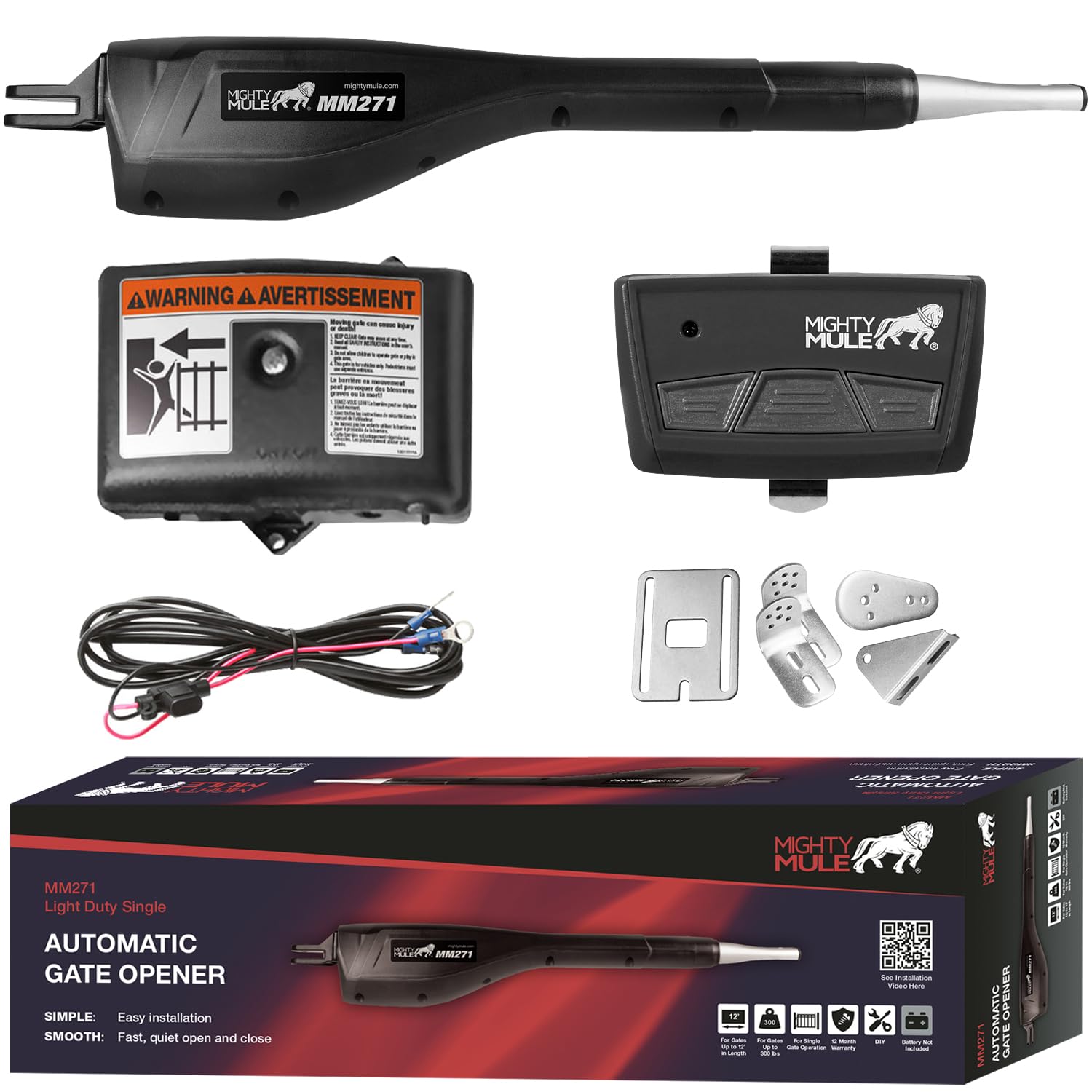 Mighty Mule Gate Opener, Solar Ready, Automatic Gate Opener for Dual Swing Gates up to 300lb or 12ft, with Precision Installation Ruler, Upgraded Kit, MM272-A