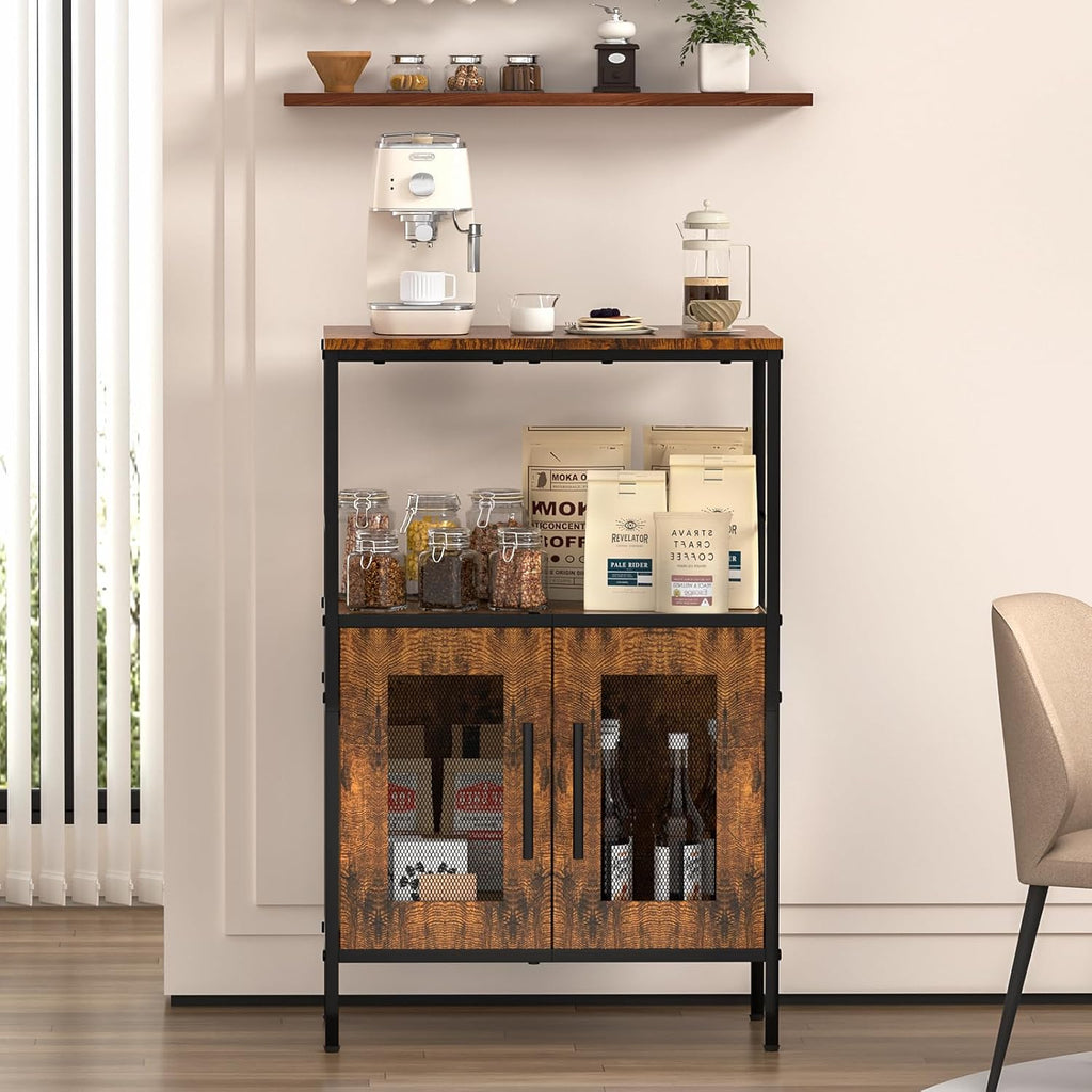 X-cosrack Buffets Coffee Bar Station, 3-Tier Small Coffee Stand Station with Storage, Farmhouse-Style Microwave Cart Featuring 2-Door Cabinet Ideal for Living Room, Entryway, Sideboards