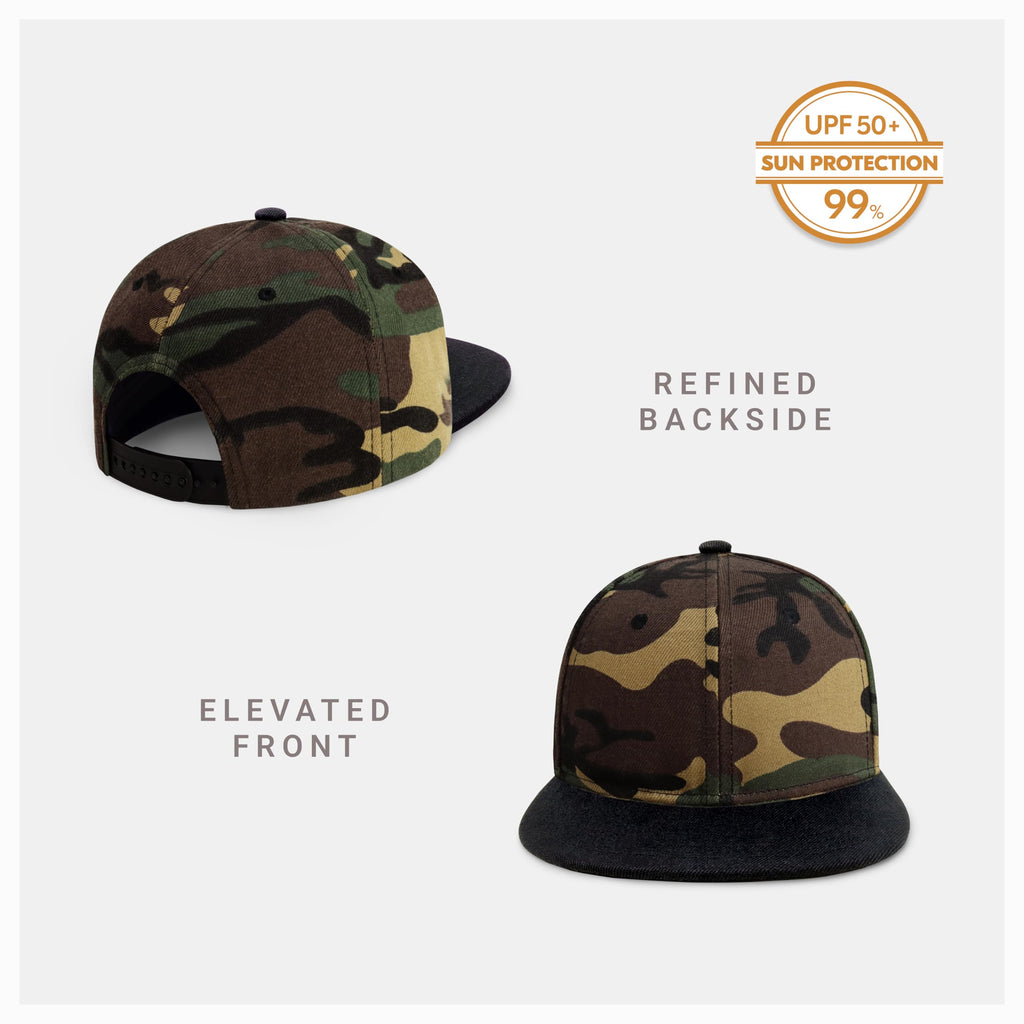 CHOK.LIDS Flat Bill Visor Classic Snapback Hat Blank Adjustable Brim High Top End Trendy Color Style Two Tone Baseball Cap (Wood Camo/Black)