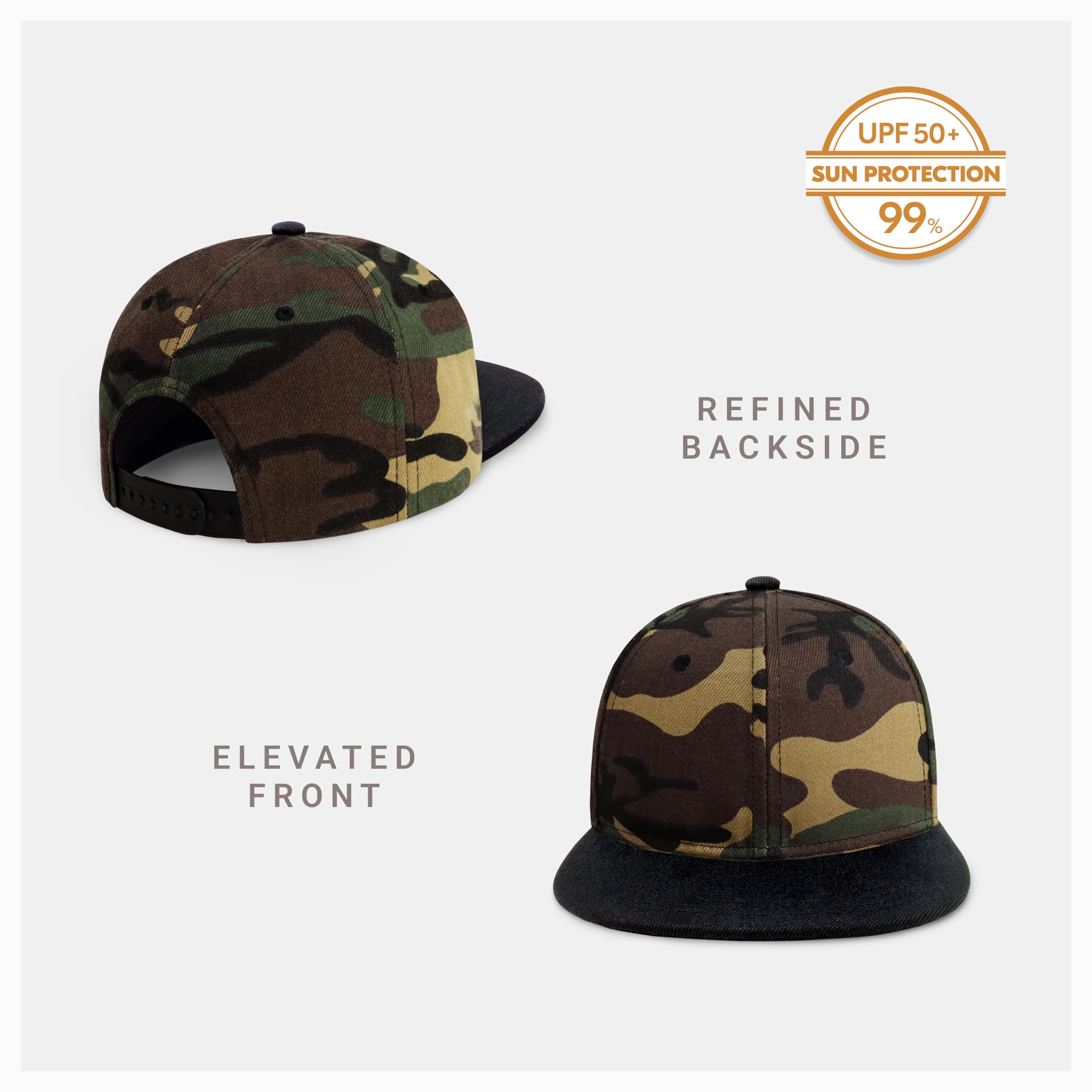 CHOK.LIDS Flat Bill Visor Classic Snapback Hat Blank Adjustable Brim High Top End Trendy Color Style Two Tone Baseball Cap (Wood Camo/Black)