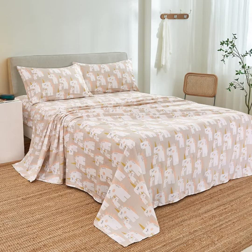 ست ملحفه کودکان یونیکورن صورتی JSD، سایز تویین، ۳ تکه، ملحفه‌های رختخواب میکروفایبر چاپ شده با طرح رنگین کمان برای دختران، جیب عمیق