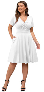 POSESHE Womens Plus Size White Dresses for Wedding Guest Casual Summer Short Sleeve Bridesmaid Cocktail Party Dress,White,2XL
