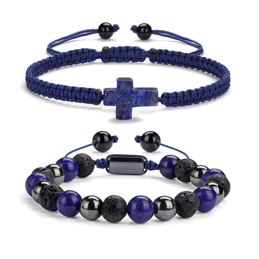 2 pcs Cross Beaded Bracelets for Men,8mm Black Obsidian Tiger eyes Hematite Mens Triple Protection Bracelet Set Fathers Day Birthday Jewelry Gifts