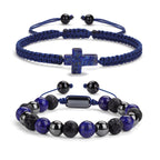 2 pcs Cross Beaded Bracelets for Men,8mm Black Obsidian Tiger eyes Hematite Mens Triple Protection Bracelet Set Fathers Day Birthday Jewelry Gifts