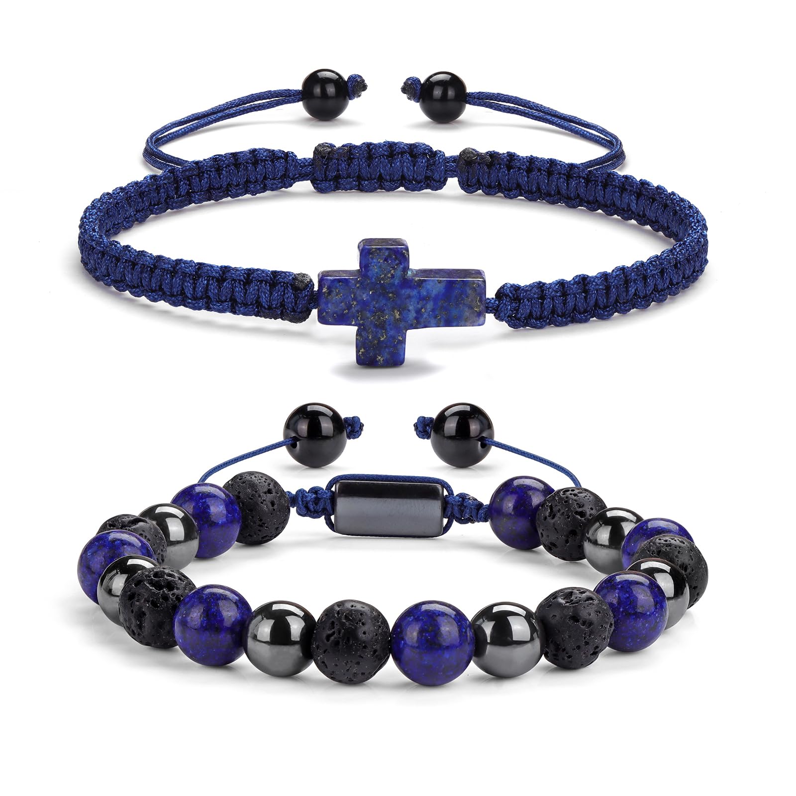 2 pcs Cross Beaded Bracelets for Men,8mm Black Obsidian Tiger eyes Hematite Mens Triple Protection Bracelet Set Fathers Day Birthday Jewelry Gifts