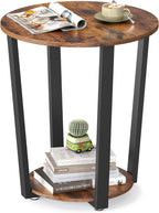 VASAGLE End Table, Round Side Table with Storage Shelf, Easy Assembly, Industrial Accent Furniture with Steel Frame, Rustic Brown and Black