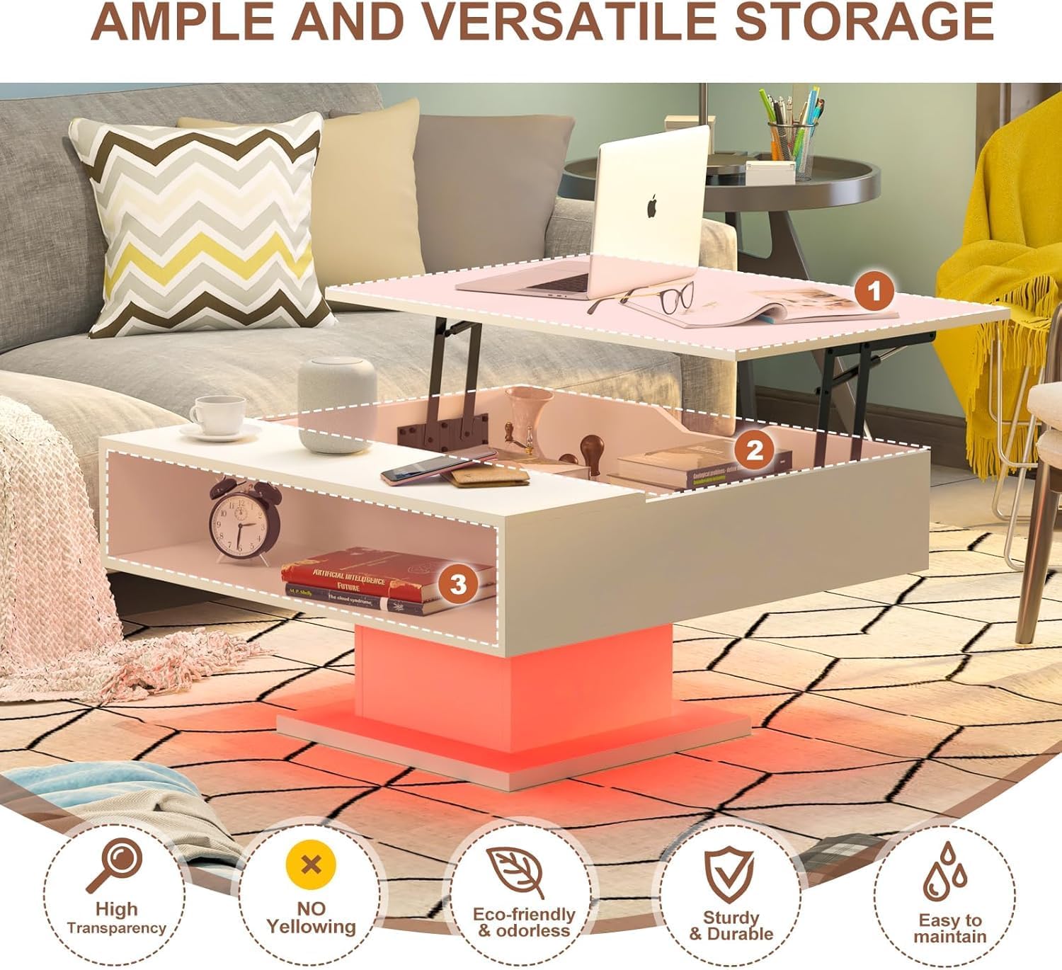 Square Lift Top Coffee Table with Storage, White Led Coffee Table for Living Room with Large Hidden Storage, 30.7" Wood Table Led Center Table for Dining Reception Room