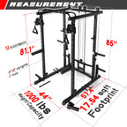RitFit Multi-Function Power Rack Cage PPC03 with Adjustable Cable Crossover System,1000LBS Capacity, Full Home Gym Workout with J-Hook, Landmine and Other Attachments-Black