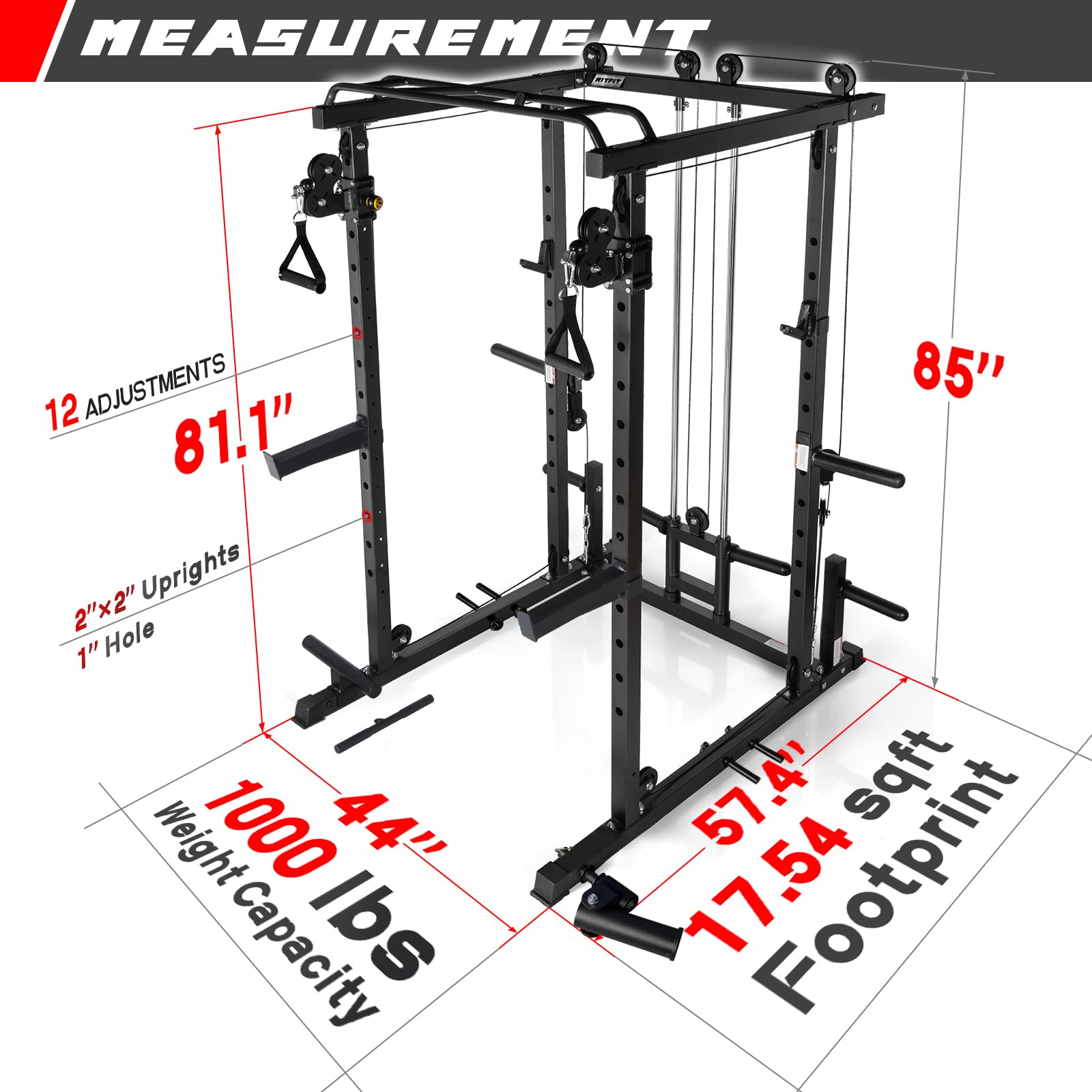 RitFit Multi-Function Power Rack Cage PPC03 with Adjustable Cable Crossover System,1000LBS Capacity, Full Home Gym Workout with J-Hook, Landmine and Other Attachments-Black