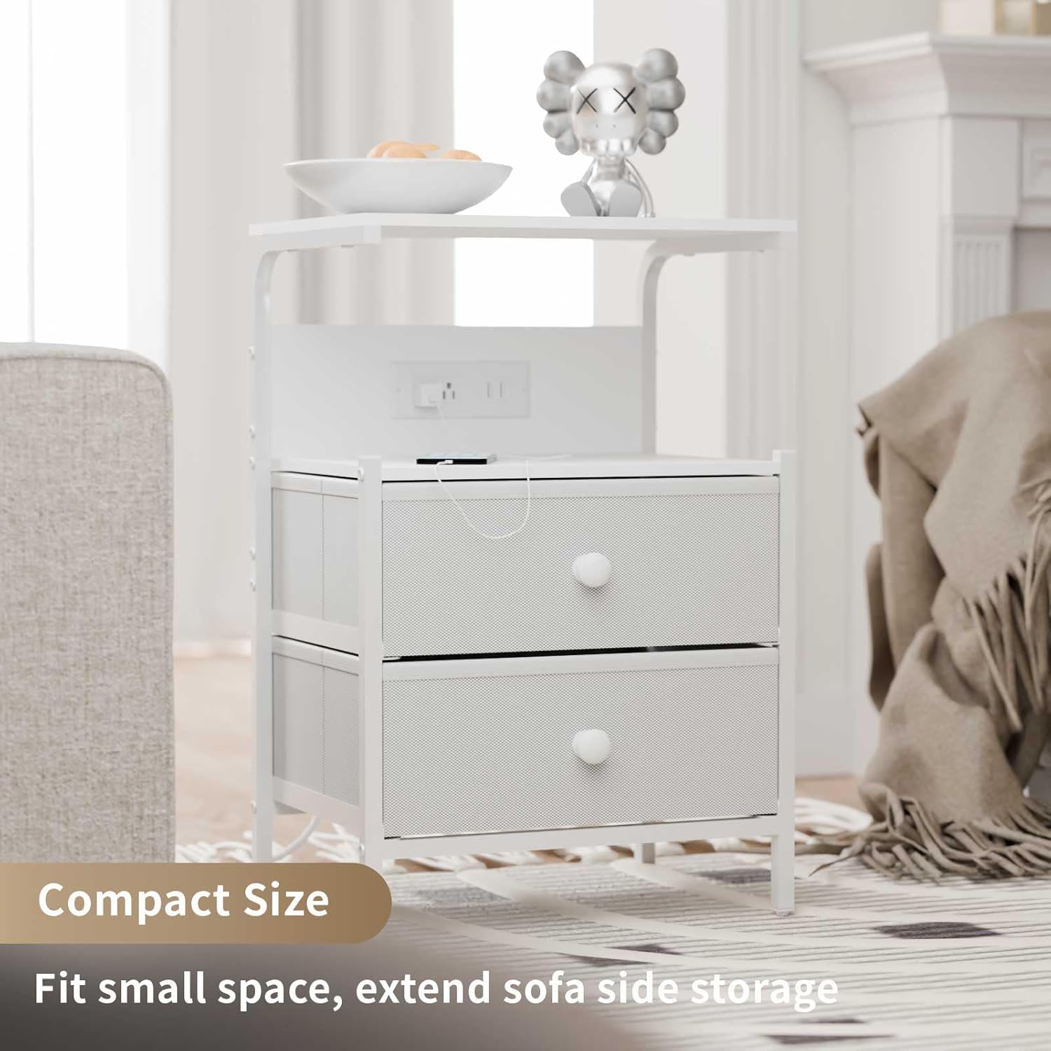 Nightstand with Charging Station and LED Lights, Side Table with 2 Fabric Drawers, Bedroom Nightstand, 3 Tier Storage Coffee Table, Living Room (1, White)