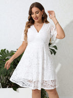 SCOMCHIC Women Plus Size Lace Cocktail Dresses Summer Wrap V Neck Short Sleeve Flowy A Line Wedding Guest Midi Dress White