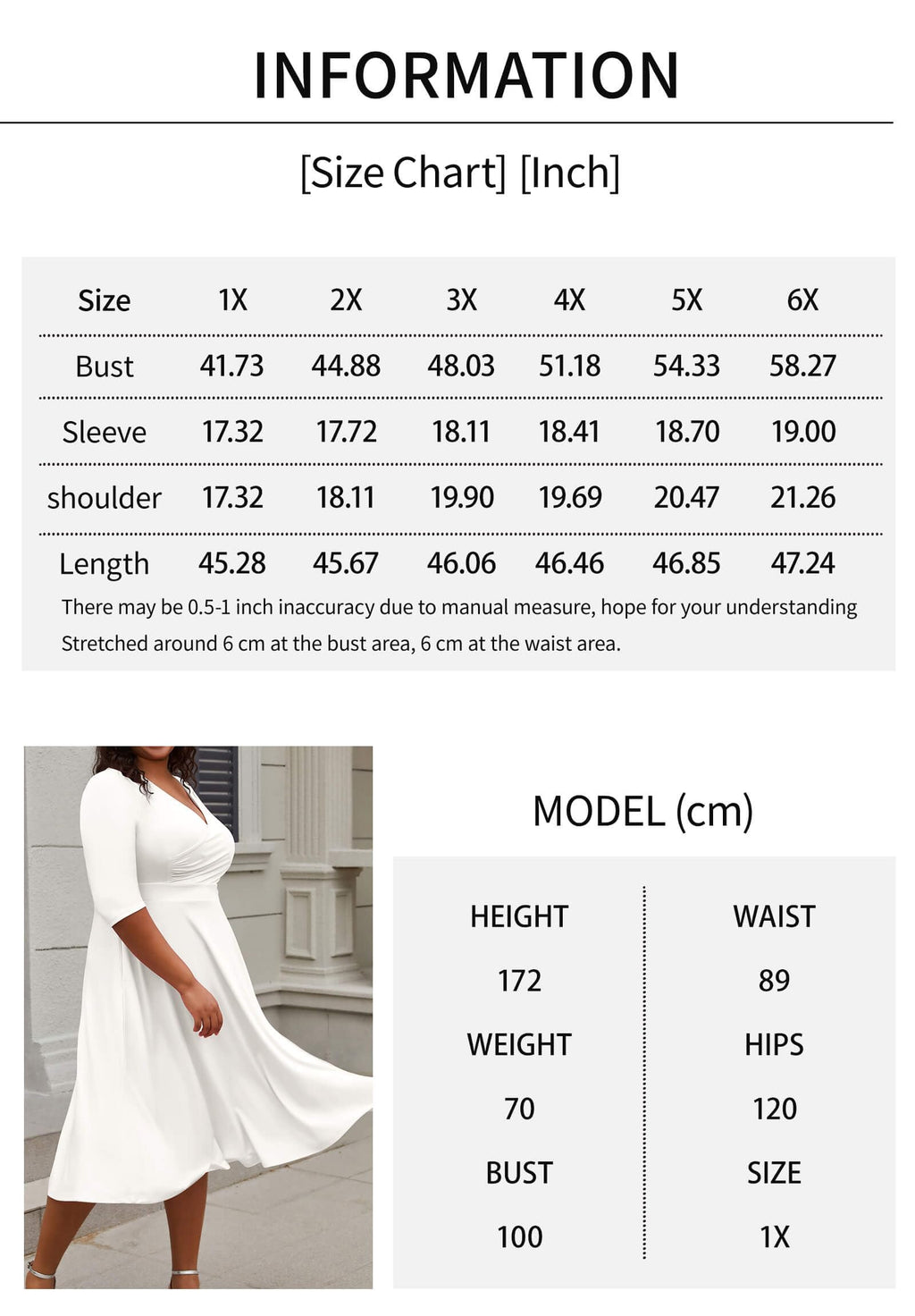 CLOCOR Women's Plus Size Midi Dress 3/4 Sleeve A-Line Swing Dress V Neck Flowy Casual Dresses White 2X-Large