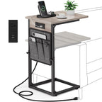Vagusicc C Shaped End Table with Charging Station, Adjustable Height Side Table for Couch, Small Sofa Table with Storage Bag, Slide Under Sofa TV Tray Snack Arm Tables for Living Room, Bedroom, Brown