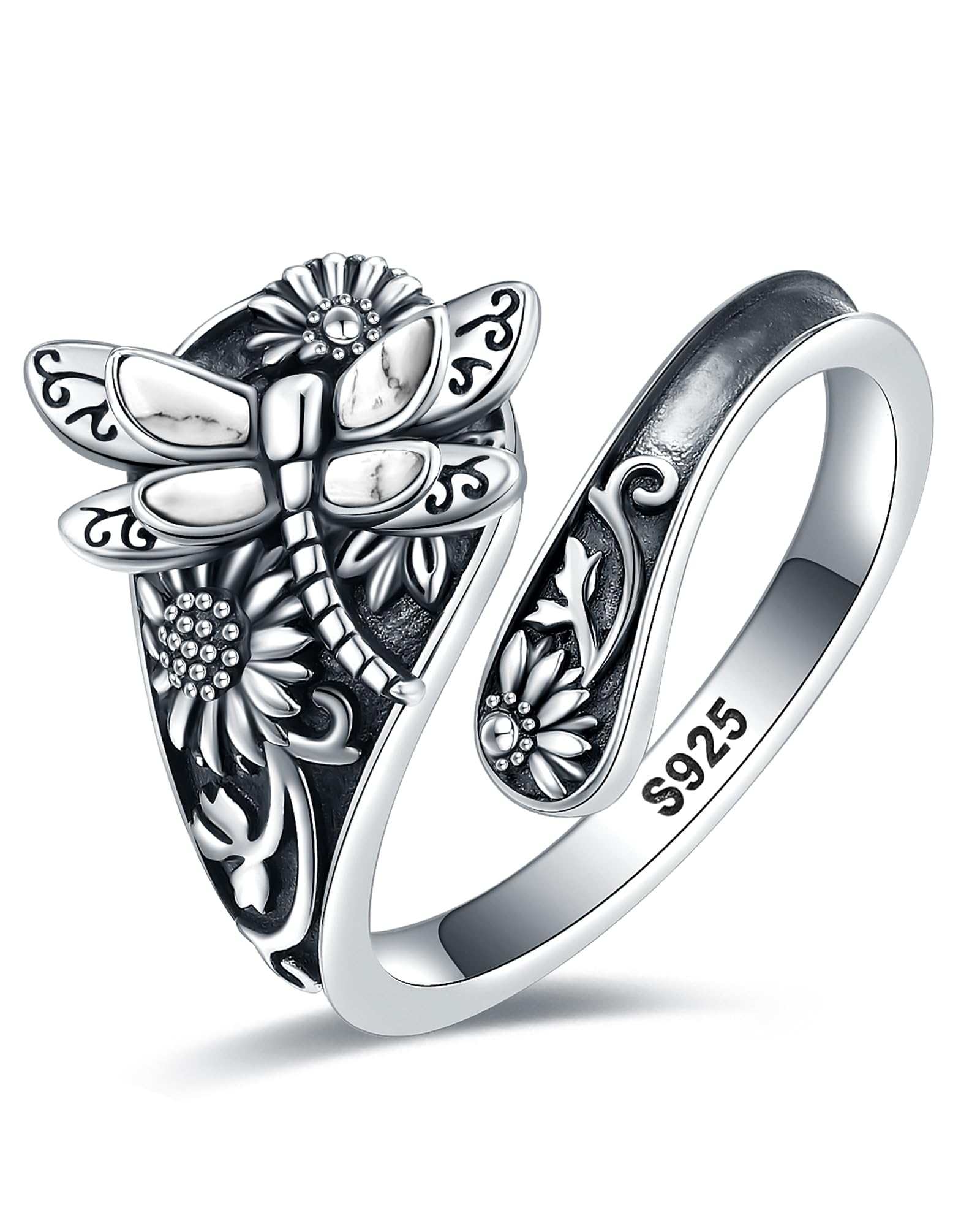 S925-Sterling-Silver Turquoise Dragonfly/Butterfly Spoon Ring - Vintage Boho Sunflower Thumb Rings Oxidized Wrap Ring Victorian Style Antique Floral Jewelry Gifts for Women