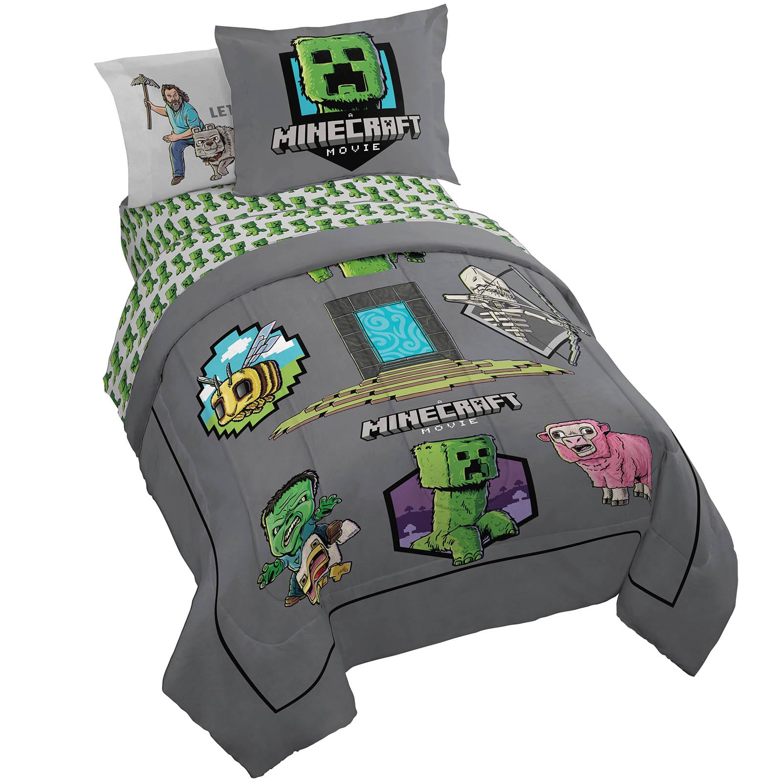 Jay Franco Kids Comforter Set Includes Sheets and Pillow Covers - Soft and Cozy Bed Set for Stylish Room Decor, Grey - Minecraft Movie, 7 Piece Queen Size Bedding