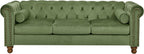 Tufted Velvet Sofa Couch for Living Room, Rolled Arm 3-Seater Sofa Couch with Nailhead Trim and 2 Neck Roll Pillows, Small Apartment Chesterfield Sofa Green