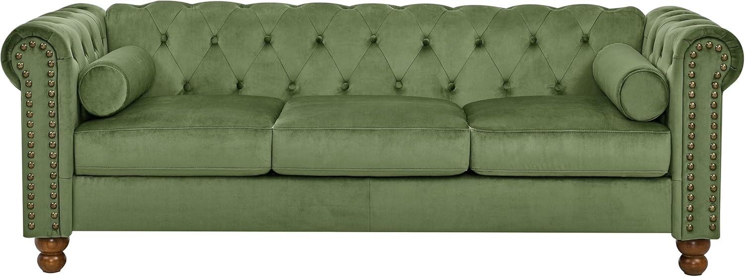 Tufted Velvet Sofa Couch for Living Room, Rolled Arm 3-Seater Sofa Couch with Nailhead Trim and 2 Neck Roll Pillows, Small Apartment Chesterfield Sofa Green