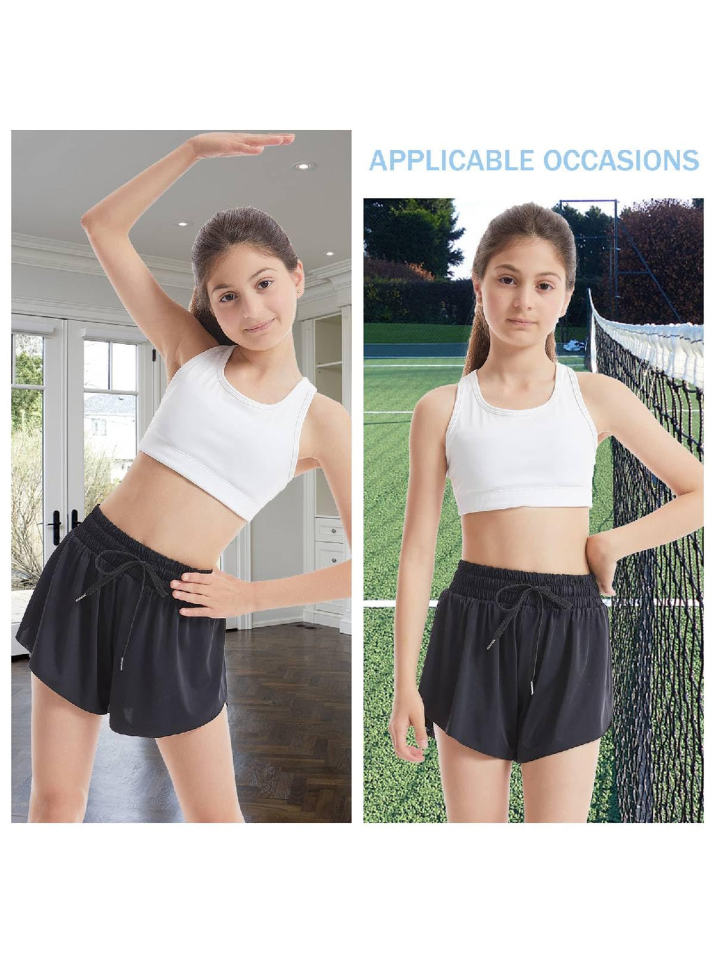 Mexholin 3 Packs Girls Butterfly Shorts 2 in 1 Girls Athletic Shorts Youth Flowy Shorts for Active, Running,Basketball Black/White/Hot Pink S