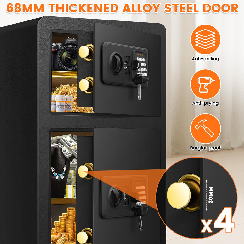 7.5 Cuft Extra Large Safes for Home Use with TWO DOOR, Fireproof Home Safe Box with Electronic Keypad, Spare Key, Smart Alarm, Mute Mode, Anti-theft Fire proof Safe for Documents, Jewelry, Medicines