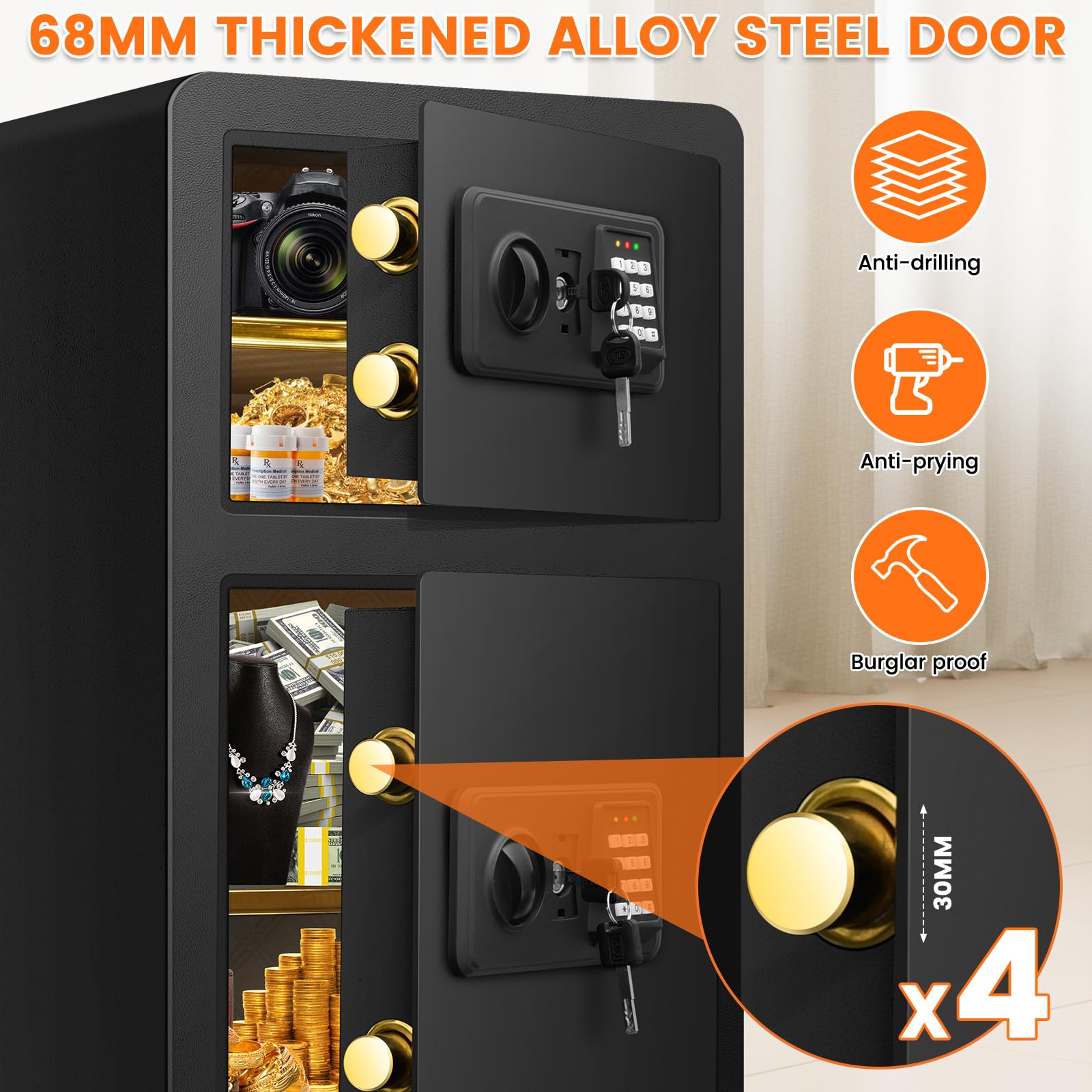 7.5 Cuft Extra Large Safes for Home Use with TWO DOOR, Fireproof Home Safe Box with Electronic Keypad, Spare Key, Smart Alarm, Mute Mode, Anti-theft Fire proof Safe for Documents, Jewelry, Medicines