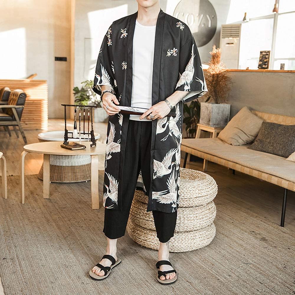 HAORUN Men Japanese Kimono Coat Loose Yukata Outwear Long Bathrobe Tops Vintage