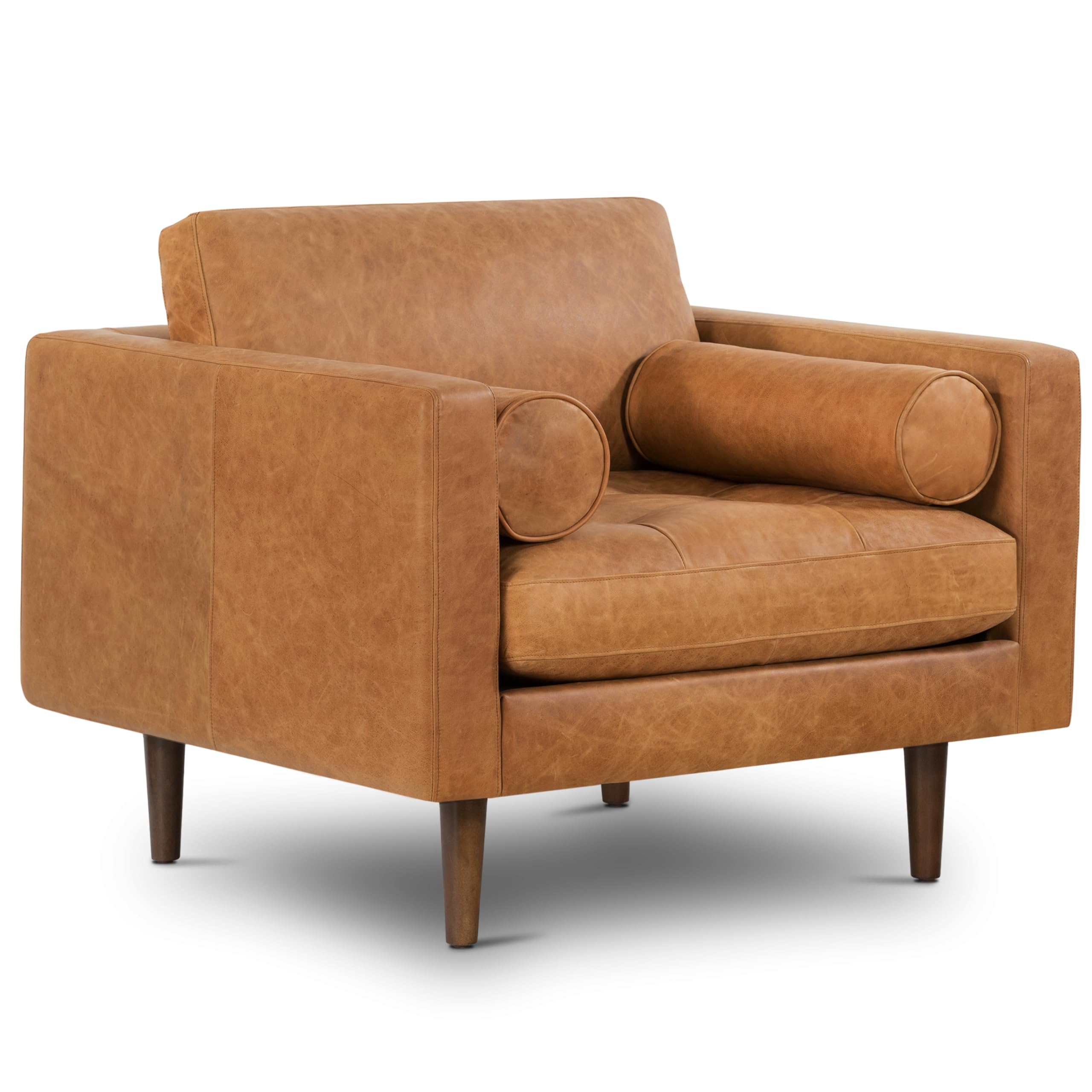 POLY & BARK Napa Leather Couch – Right-Facing Sectional Leather Sofa - Tufted Back Full Grain Leather Couch with Feather-Down Topper On Seating Surfaces – Pure-Aniline Italian Leather – Cognac Tan