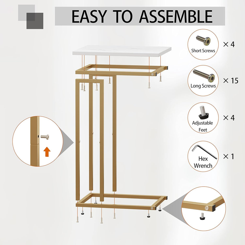 Function Home C Shaped End Table, Small Side Tables for Sofa Bed, Couch Tables That Slide Under, Drink Snack Table for Living Room Bedroom Small Space, White Wood Top and Gold Metal Frame