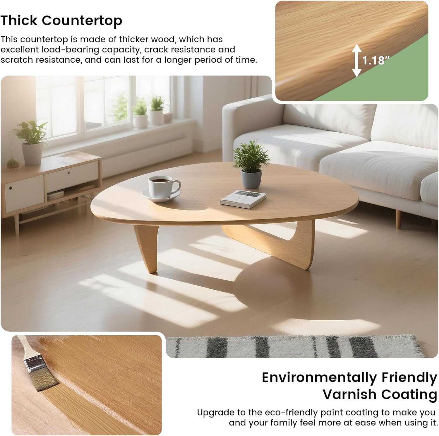 Solid Wooden Modern Triangle Coffee Table: Unique Funky Coffee Tables for Living Room, Oval Mid-Century Irregular Abstract Tea Tables for Patio Office Balcony Bedroom (Natural, 33" L x 22" W x 16" H)