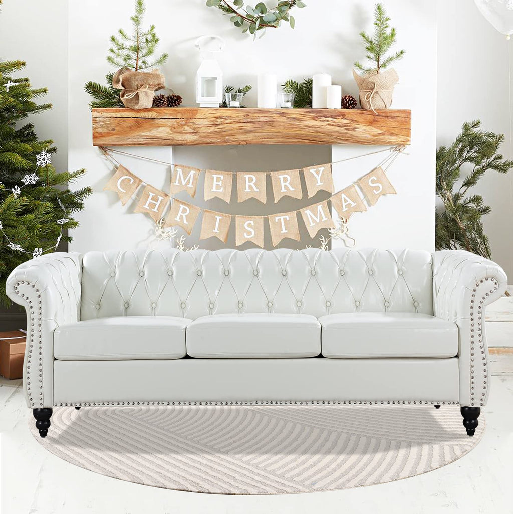 Chesterfield Sofas for Living Room, Black Rolled Arm 3-Seater Leather 84" Large Couch Deep Button Nailhead Tufted Upholstered Couches for Bedroom, Office Apartment Easy to Assemble