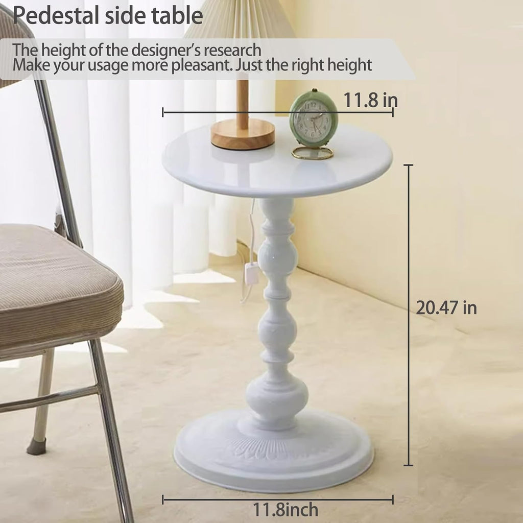 Pedestal White Metal Side Table, Small Sofa Coffee Table, Small TV Tray Table for The Sofa In the Living Room and Bedroom, Mini Coffee Table is Lightweight and Convenient to Move, 20.47 (H) *11.8 (W)