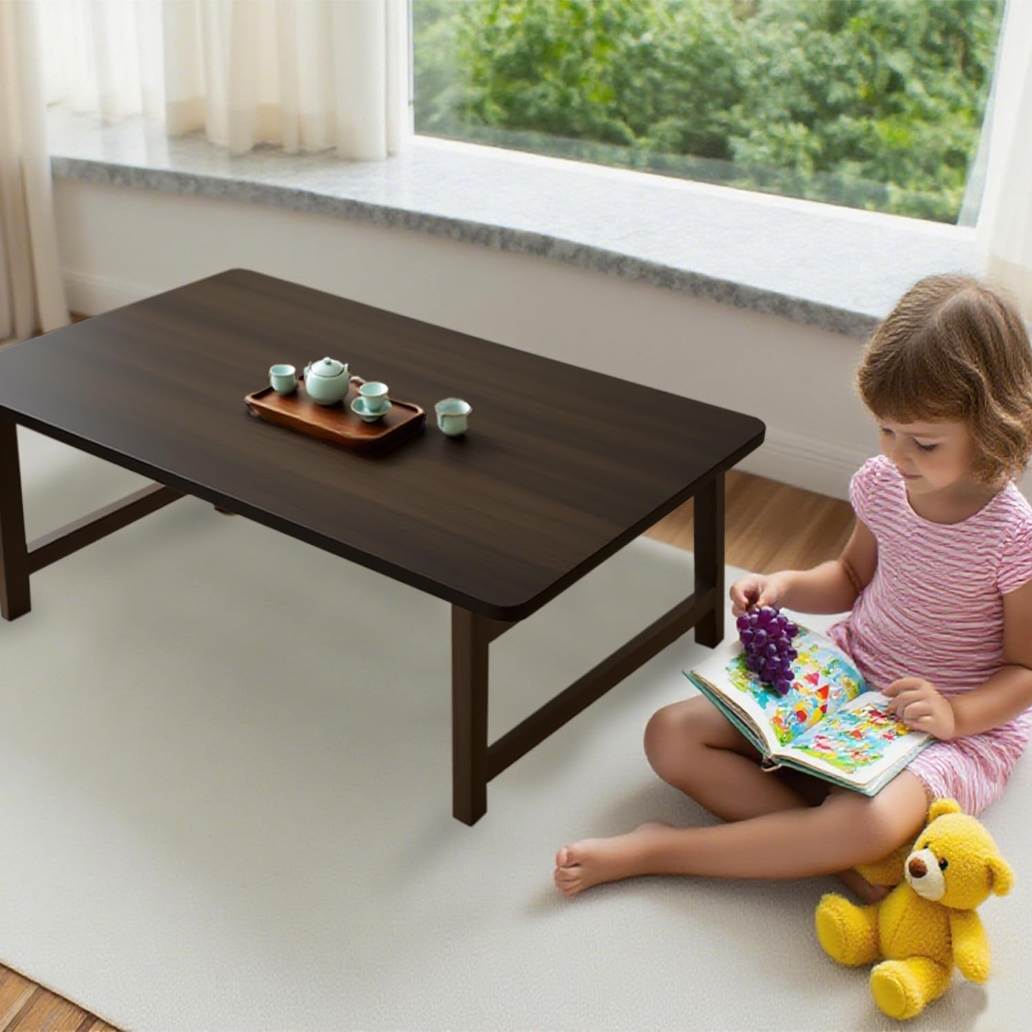 Japanese Folding Floor Table Foldable Coffee Tables Wood Low Tables Versatile for Sitting Dining Table Tea Tatami Desk No Assembly Unique (31.5 * 19.7 * 11.8 inch)