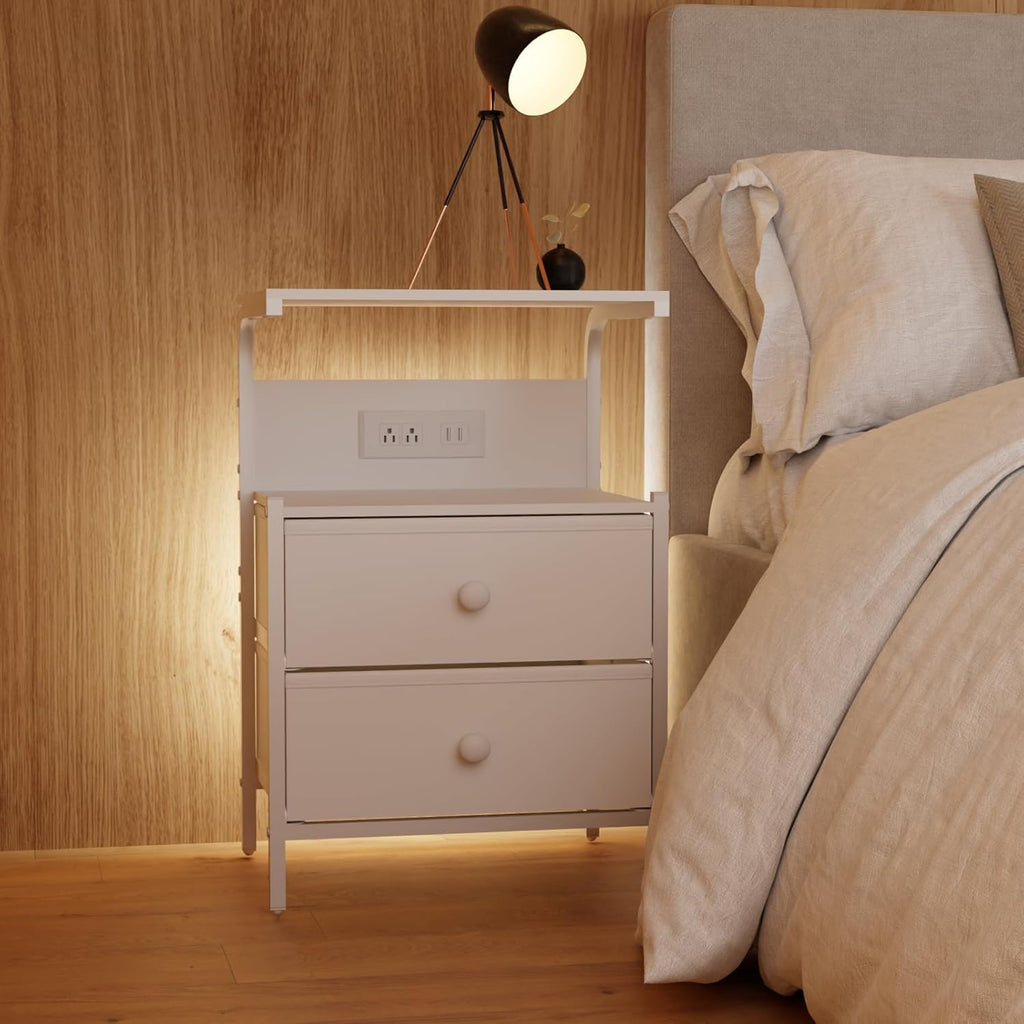Nightstand with Charging Station and LED Lights, Side Table with 2 Fabric Drawers, Bedroom Nightstand, 3 Tier Storage Coffee Table, Living Room (1, White)