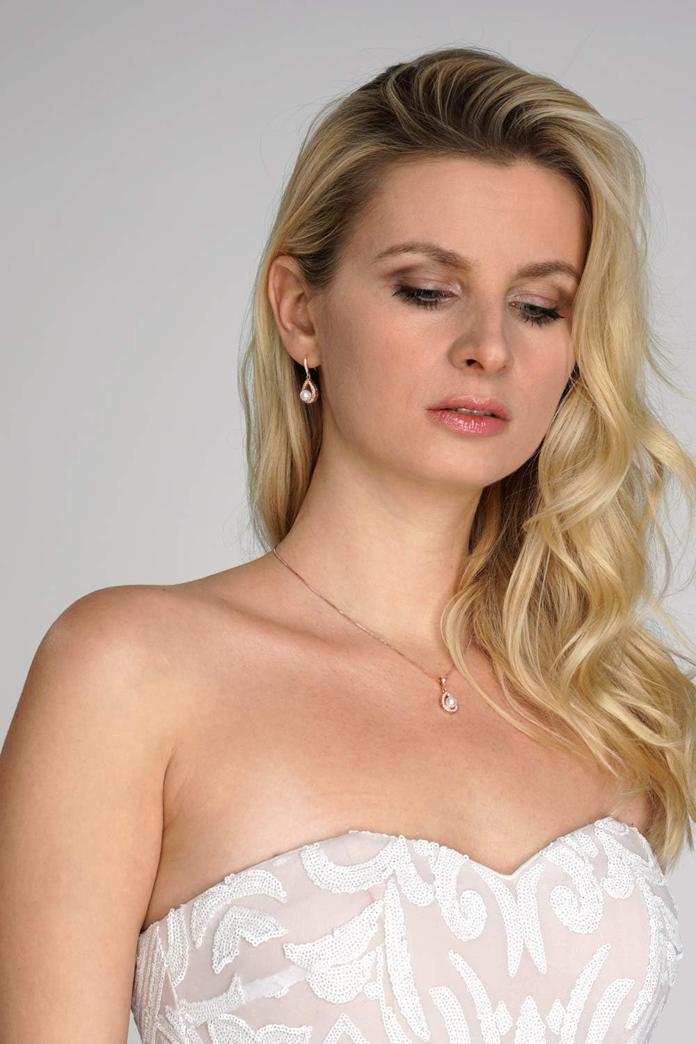 Mariell Pearl Necklace and Drop Earrings Wedding Jewelry Set for Brides, Bridesmaids, Birthday Gift