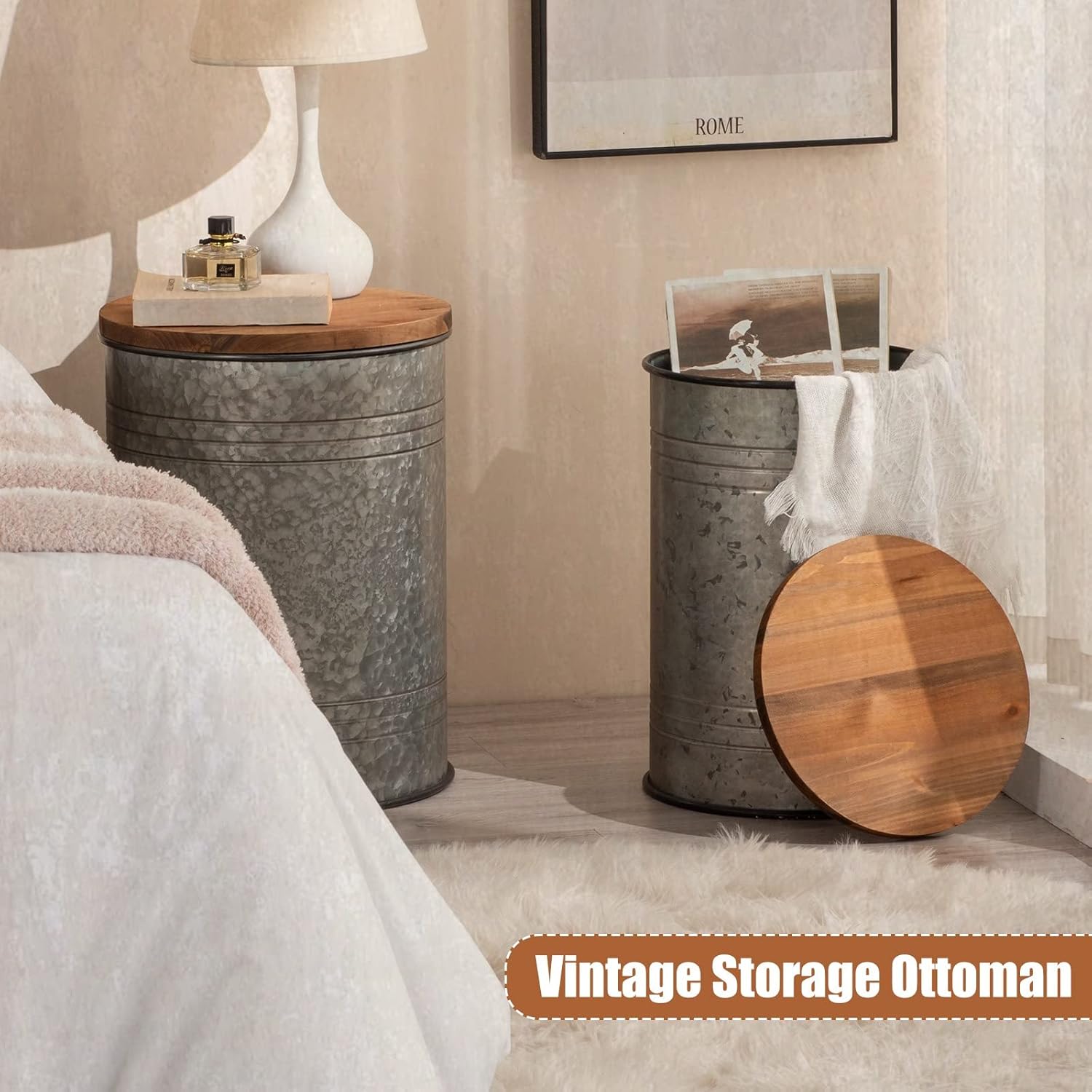 Poofzy Farmhouse End Tables Set of 2, Galvanized Metal Decor Side Table with Wood Lid, Coffee Table Storage Stool for Living Room (Grey)