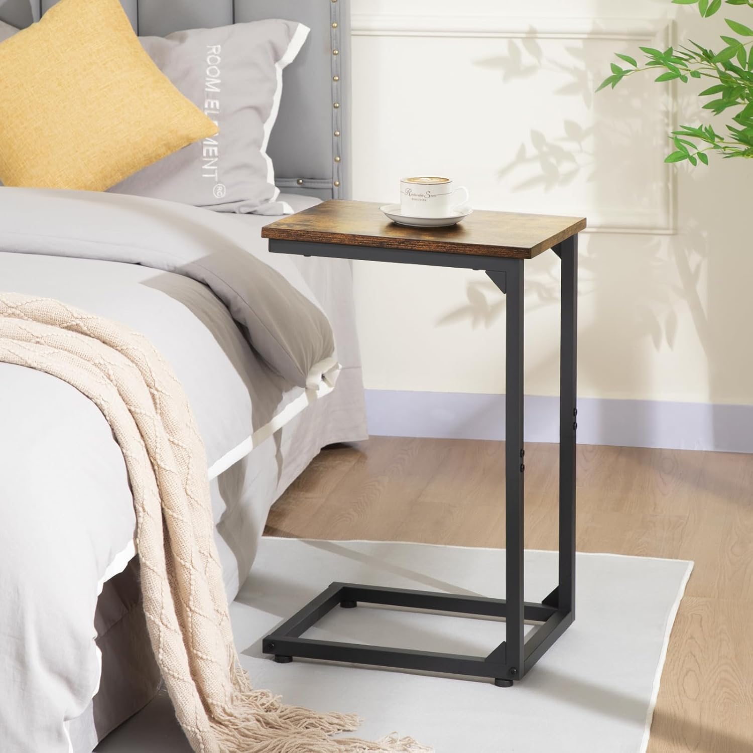 AMHANCIBLE C Shaped End Tables, TV Trays Set of 2 for Living Room, Slide Under Couch Table for Sofa, Bedroom, Small Space, Rustic Brown HET02CBR