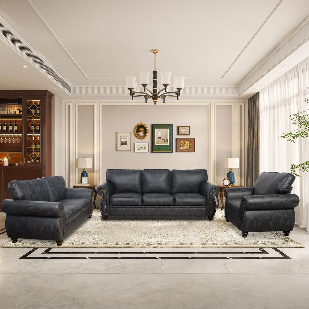 Mid-Century Vintage Sofa Couches with Rivet Design,loveseat Sofa,Removable Sofa Cover Upholstered Cushions and Solid Wood Frame (Grey, 3-Seater)