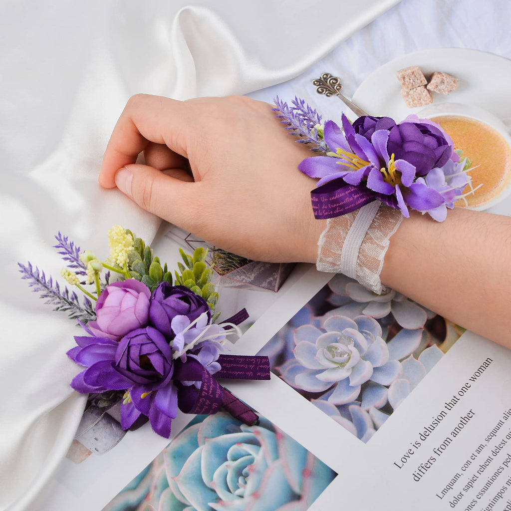 URROMA Wrist Corsage and Boutonniere Set, 1 Set Small Rose Purple Hand Flower for Prom Artificial Wedding Wrist Corsage for Wedding Party Prom