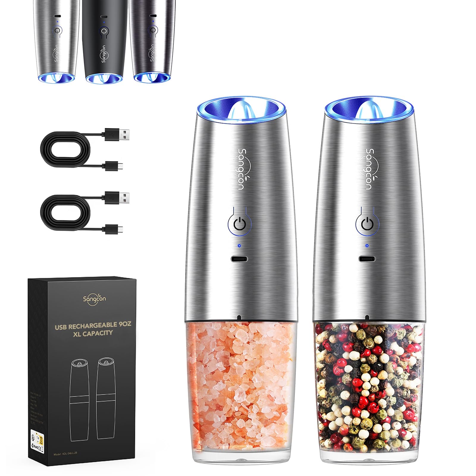 Sangcon Gravity Electric Pepper and Salt Grinder Mill Automatic Shaker Grinder with LED Light, Battery Powered Adjustable Coarseness One Hand Operation, Upgraded Larger Capacity, 1pc