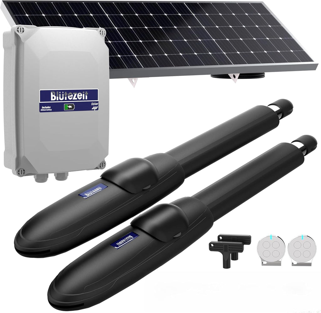 Blütezeit Solar Swing Gate Opener, 1760lb Dual-Arm Operator with Built-in 24V Lithium Battery & 25W Solar Panel, Integrated Control Box for Easy Install, Smart Auto Setting, 2 Remotes & Complete Kits