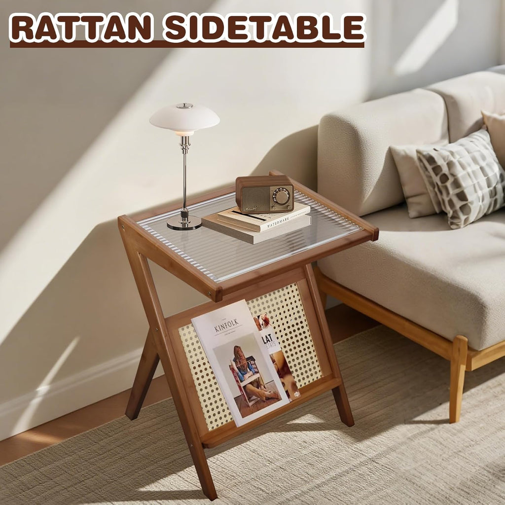Stand Side Table Plastic Rattan Bedside Tables Glass Coffee Tables Wood Boho End Table with Storage Compact Accent Table for Small Spaces, Perfect for Living Room, Bedroom and Apartment (Brown)