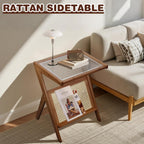 Stand Side Table Plastic Rattan Bedside Tables Glass Coffee Tables Wood Boho End Table with Storage Compact Accent Table for Small Spaces, Perfect for Living Room, Bedroom and Apartment (Brown)