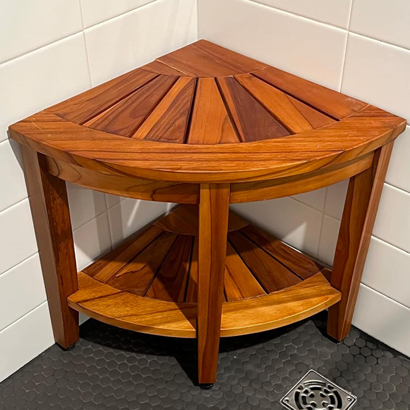 TEAKMAMA Teak Corner Shower Bench 18” Shower Stools for Inside Shower, Teak Corner Bench Waterproof Bath Chair, Bathroom Seat with Storage Shelf, Assembly Required